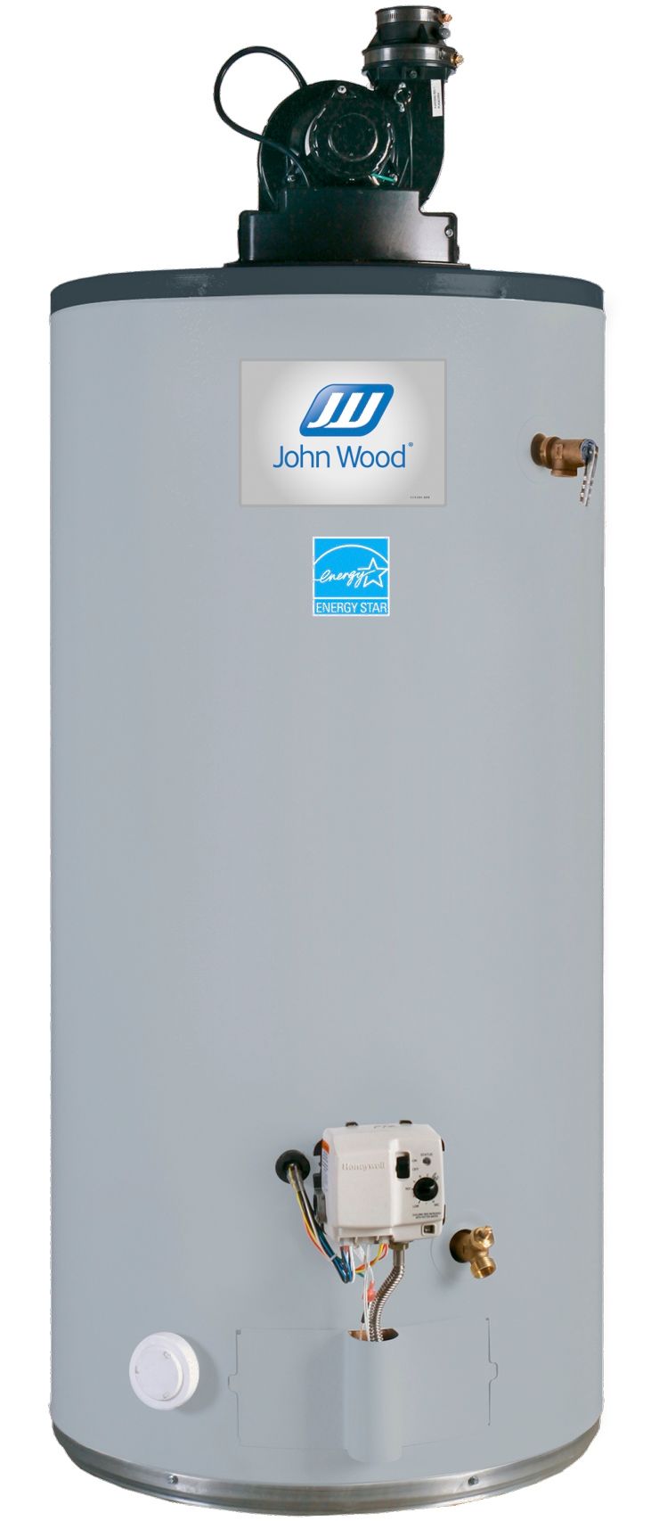 A gray water heater with a logo on it is on a white background.