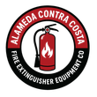 Alameda Contra Costa Fire Extinguisher Equipment Co. logo: red fire extinguisher with flames inside a black and red circle.