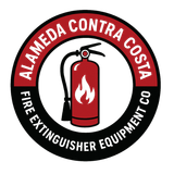Alameda Contra Costa Fire Extinguisher Equipment Co. logo: red fire extinguisher with flames inside a black and red circle.