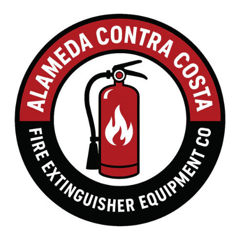 Alameda Contra Costa Fire Extinguisher Equipment Co. logo: red fire extinguisher with flames inside a black and red circle.