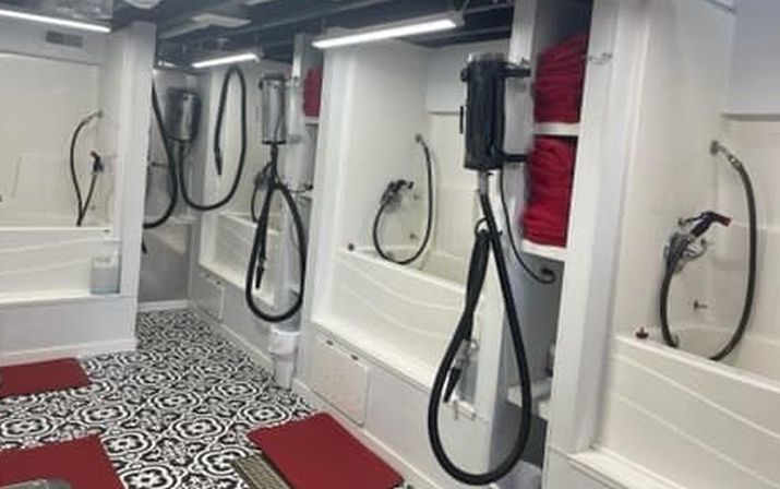 Interior of a dog grooming truck with multiple white washing stations, red mats, and a black and white patterned floor.