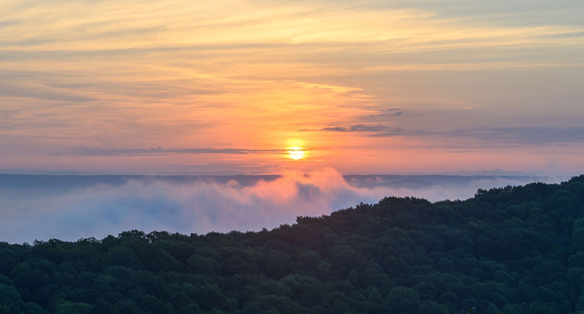 Sunset over a forest, with clouds below the sun. Orange and pink sky, silhouetted trees.