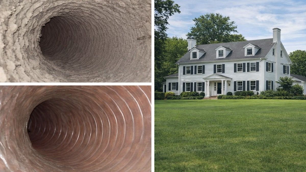 Air duct cleaning equipment removing dust from attic HVAC ductwork in a residential colonial home in Weston, Massachusetts