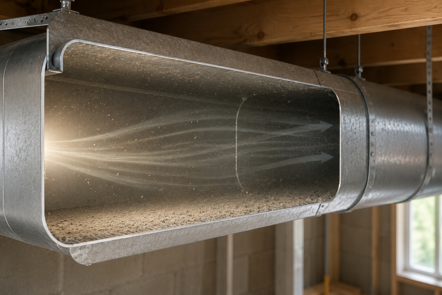 Residential attic HVAC system with insulated ductwork installed in a warm attic environment illustrating conditions that may impact indoor air quality and airflow performance