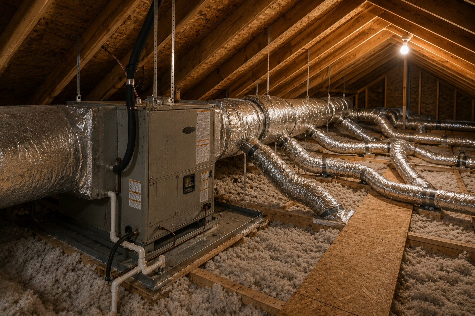 Residential attic HVAC system with insulated ductwork installed in a warm attic environment illustrating conditions that may impact indoor air quality and airflow performance