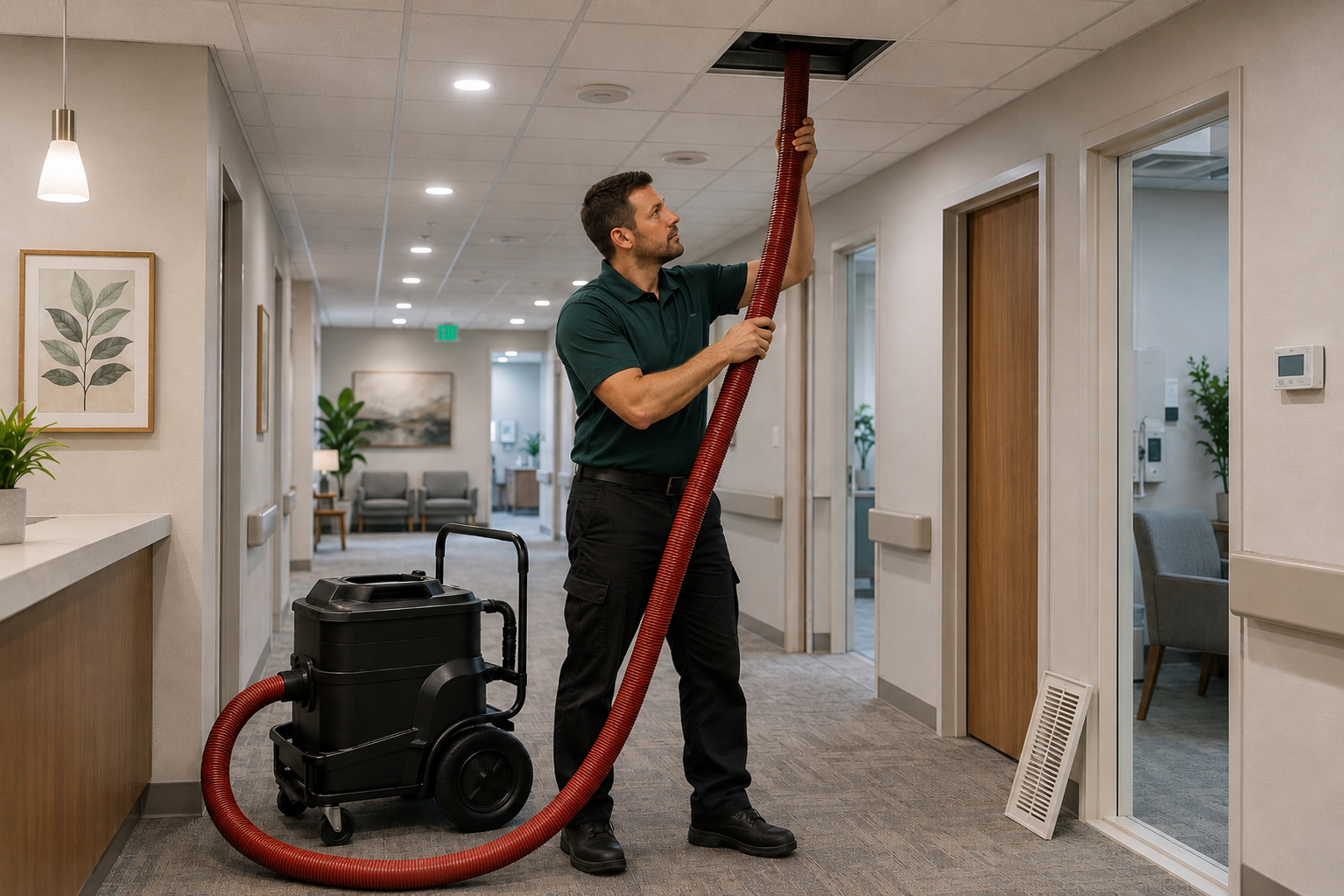 Professional air duct cleaning technician servicing commercial HVAC ductwork within a modern medical office hallway using specialized negative air equipment and a red vacuum hose