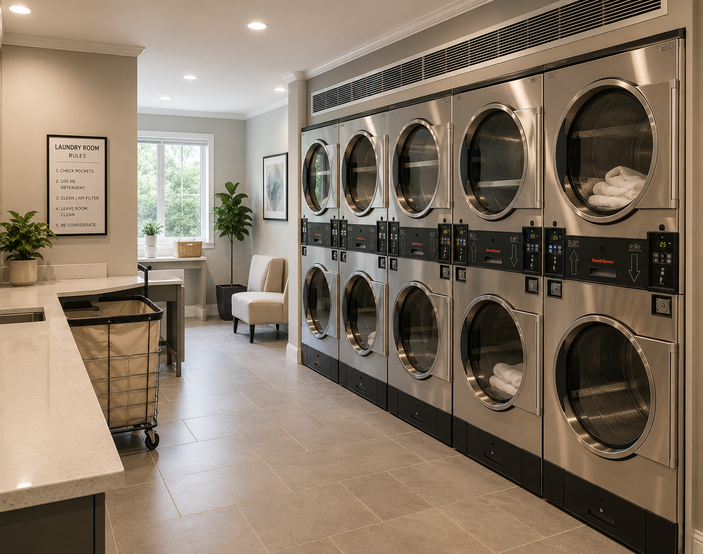 Modern shared commercial laundry room with stacked dryers used in apartment and multi-unit residential properties