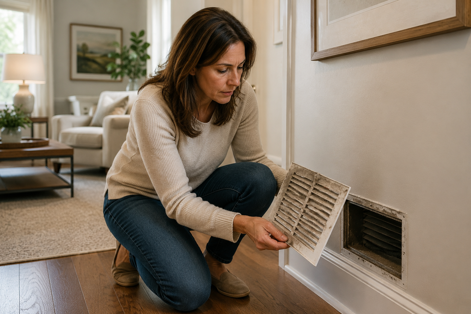 Homeowner inspecting a dusty HVAC wall register in a clean residential living space illustrating common signs that air duct cleaning may be needed