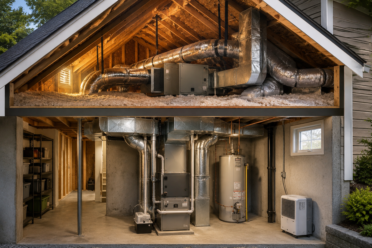 Cutaway view of attic and basement HVAC systems within a residential home illustrating how heat, moisture, insulation, and environmental conditions can impact indoor air quality and HVAC system cleanliness