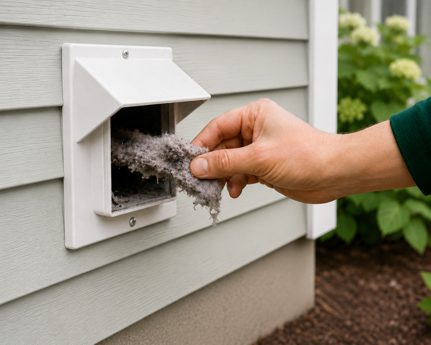 Lint buildup being removed from an exterior dryer vent hood due to restricted airflow