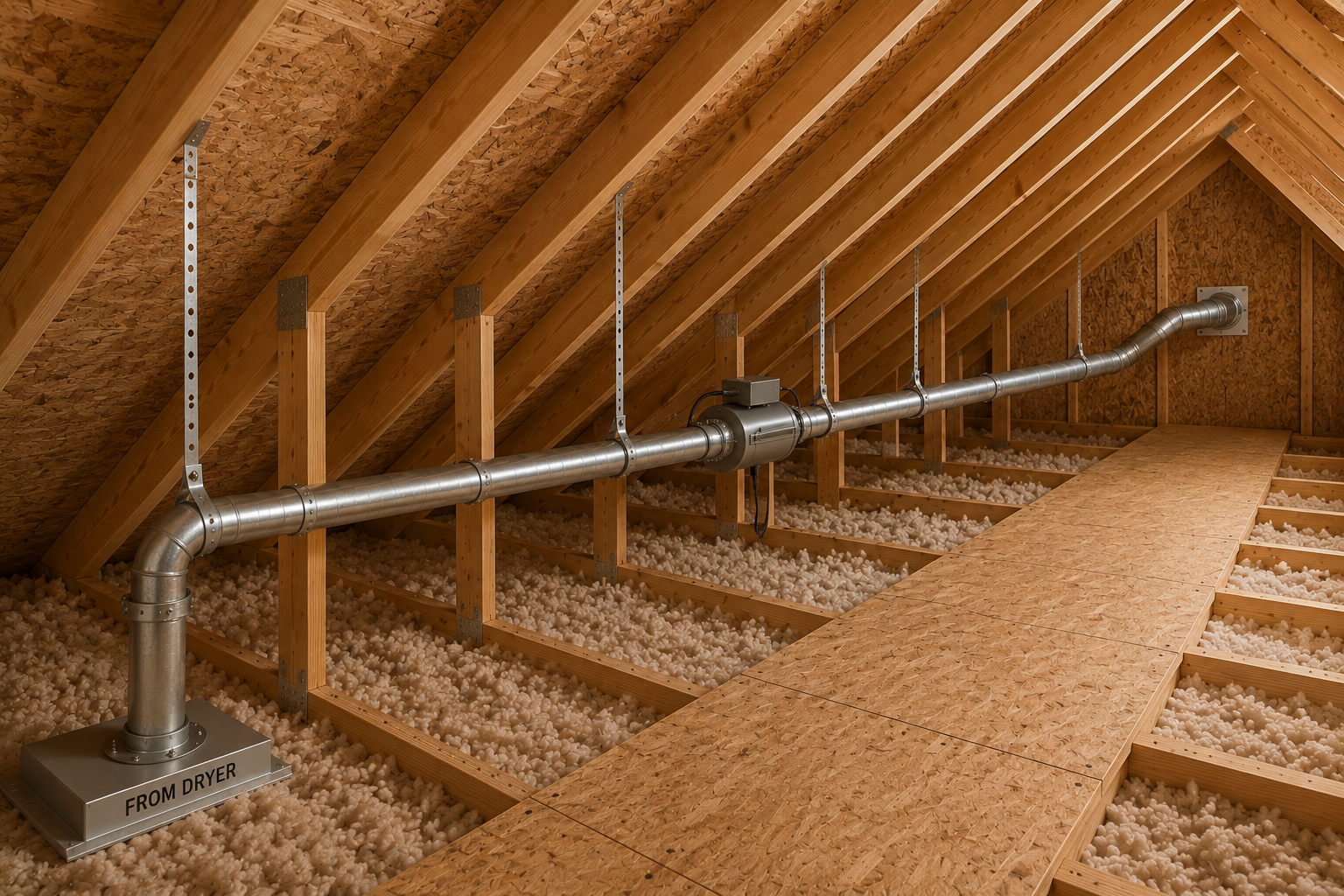 Long residential dryer vent duct installed through an attic with inline booster fan to support airflow over extended vent distances