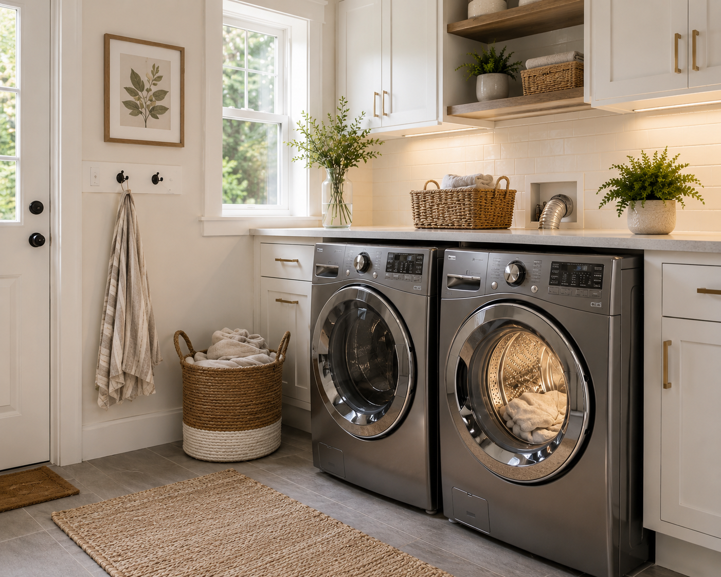 Modern laundry rom with properly connected dryer vent system designed to support efficient airflow and dryer