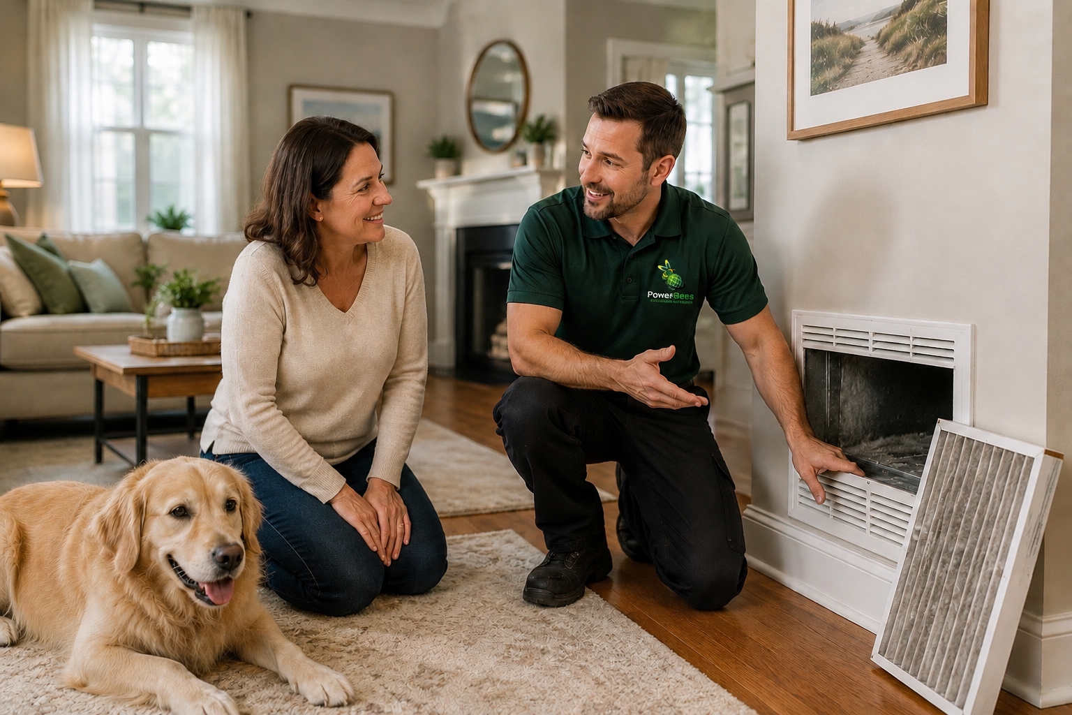 PowerBees technician discussing air duct cleaning and indoor air quality recommendations with a homeowner near a residential HVAC return vent in a Massachusetts home