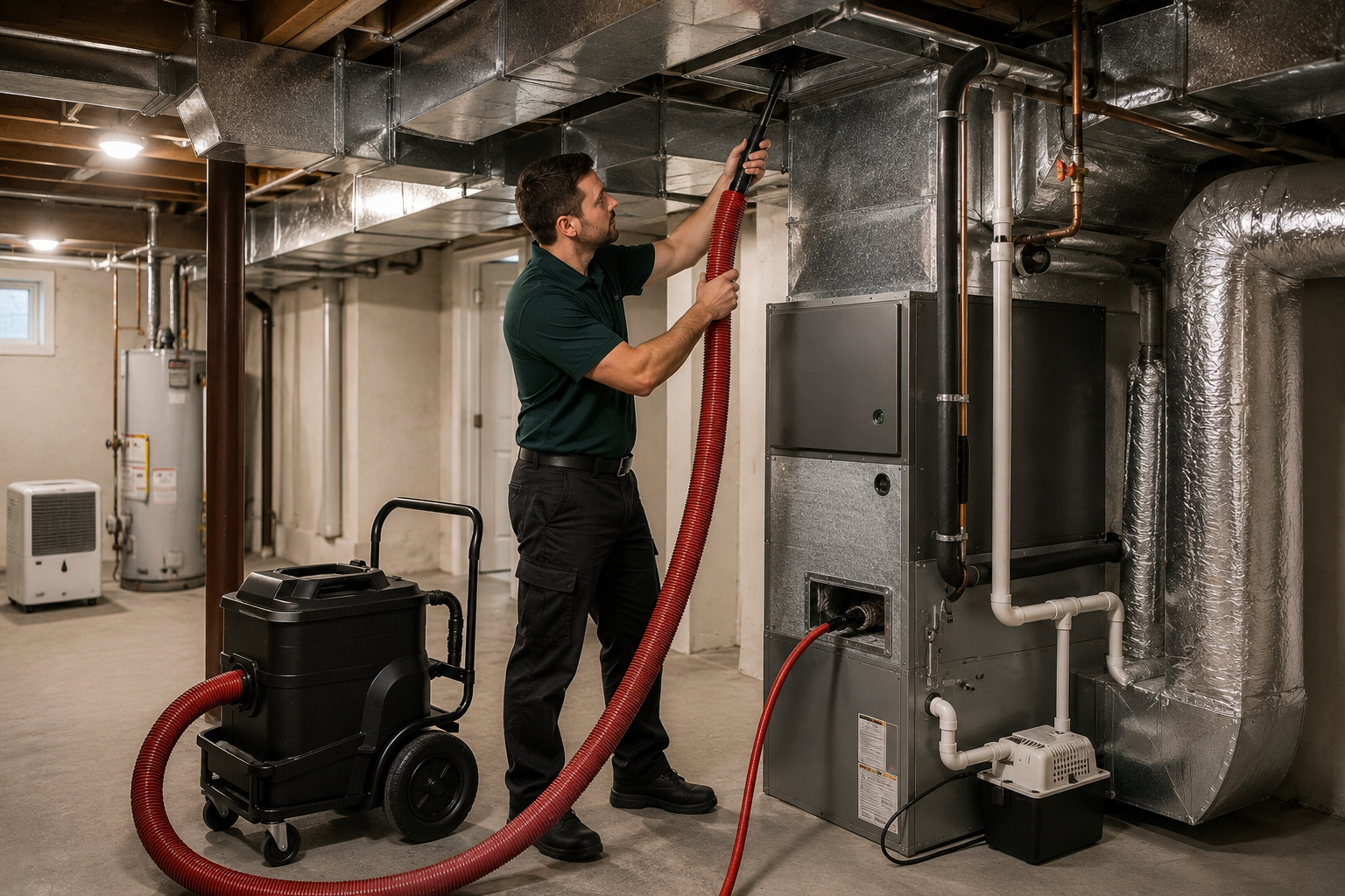 PowerBees technician performing professional air duct cleaning within a clean residential basement mechanical room using specialized HVAC cleaning equipment and source-removal methods
