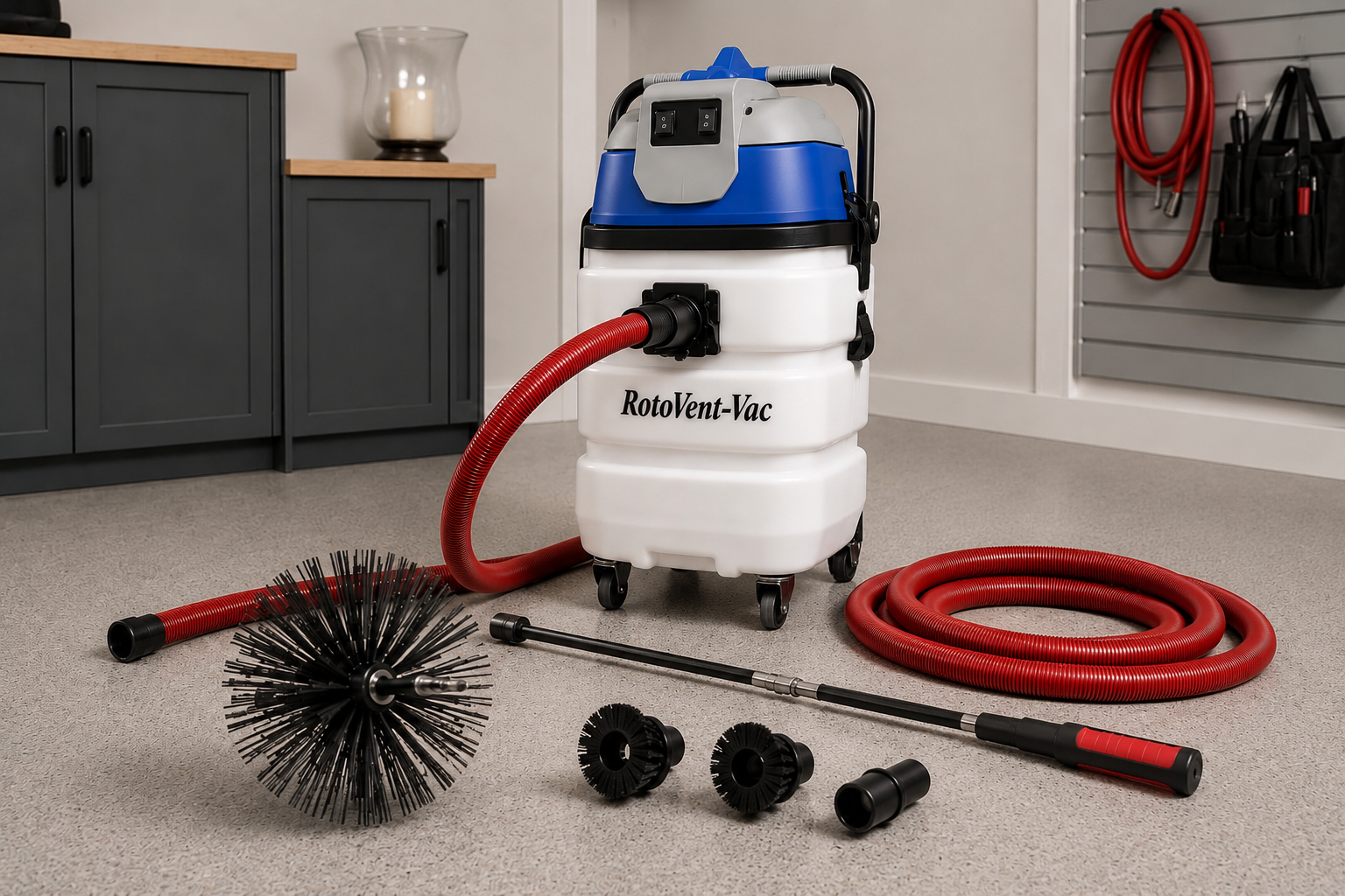 Professional dryer vent cleaning equipment including rotary brush tools, vacuum system, and airflow cleaning accessories