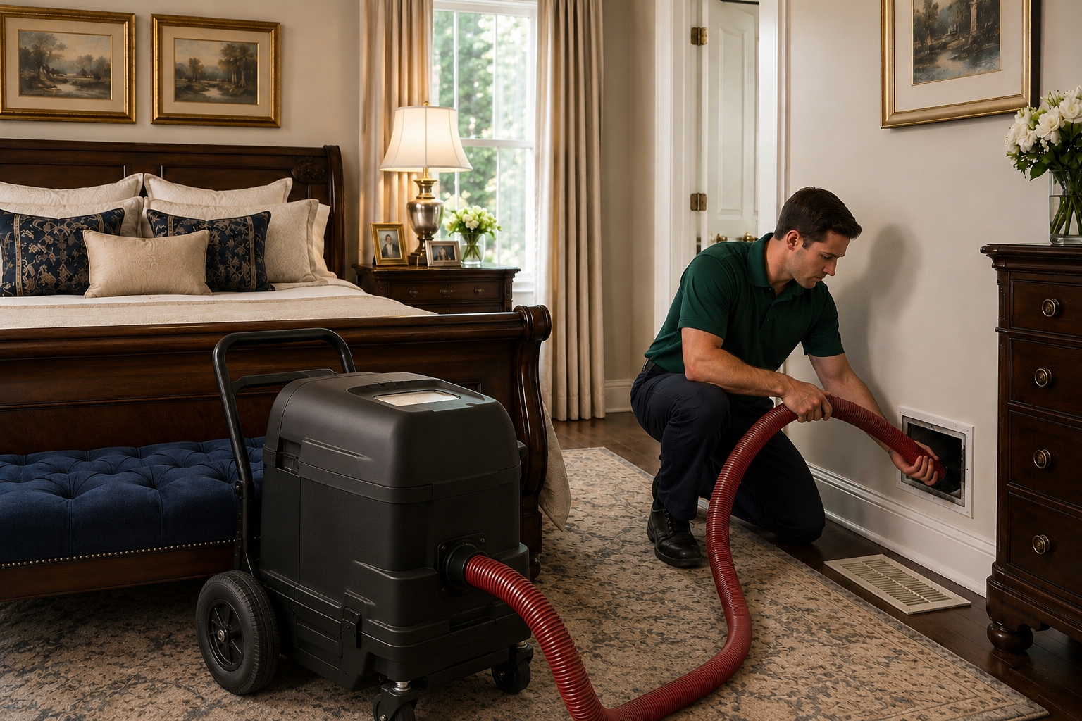 Technician performing residential air duct cleaning in an upscale Massachusetts bedroom using professional negative air equipment and a red vacuum hose connected to a wall supply duct