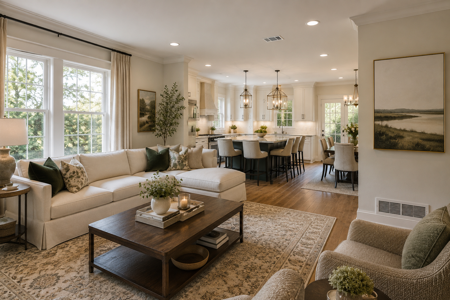 Bright upscale Massachusetts living room with visible HVAC air return and clean indoor air quality environment