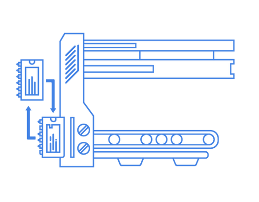 A blue line drawing of a machine with a conveyor belt.