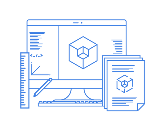 An illustration of a computer with a ruler , pen , and papers.