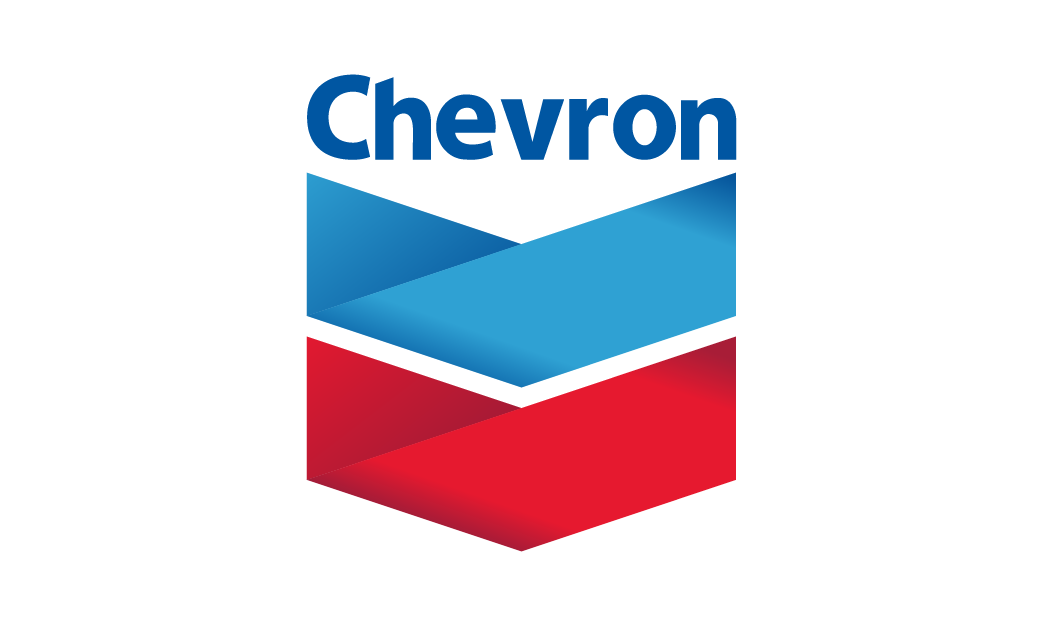 The chevron logo is a red , blue and white chevron arrow.