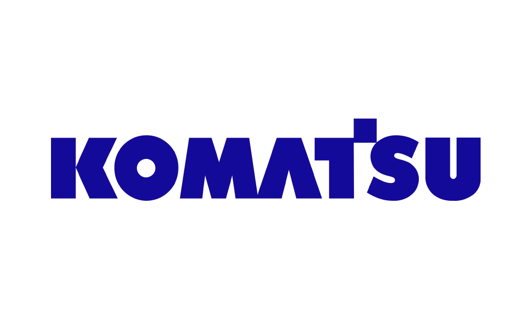 A blue komatsu logo on a white background.