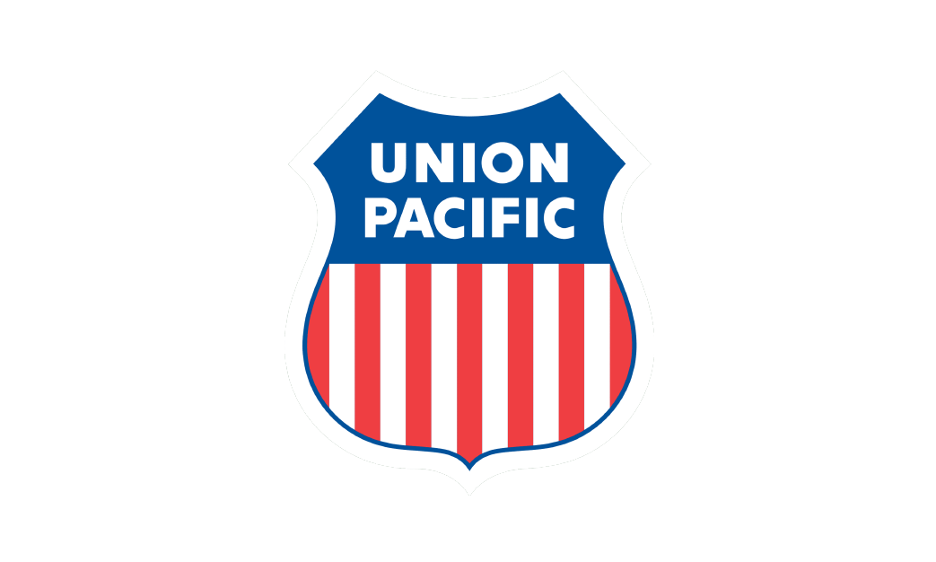 The union pacific logo is a shield with red , white and blue stripes.