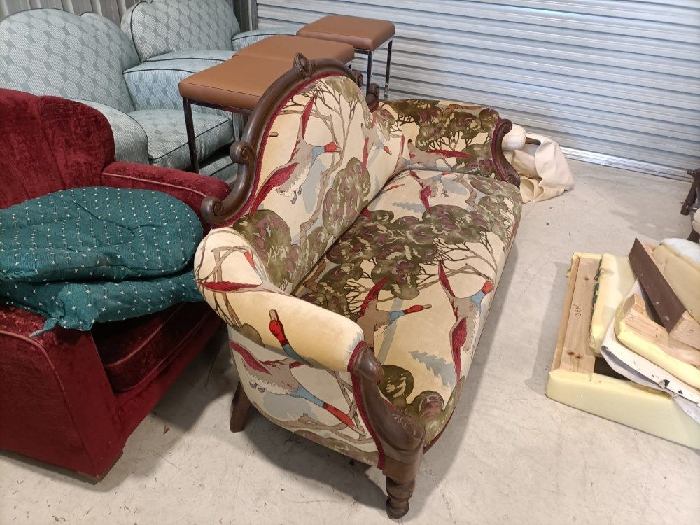 A Couch With Birds On It Is Surrounded By Other Furniture — Ocean Charm Upholstery In Southport, QLD