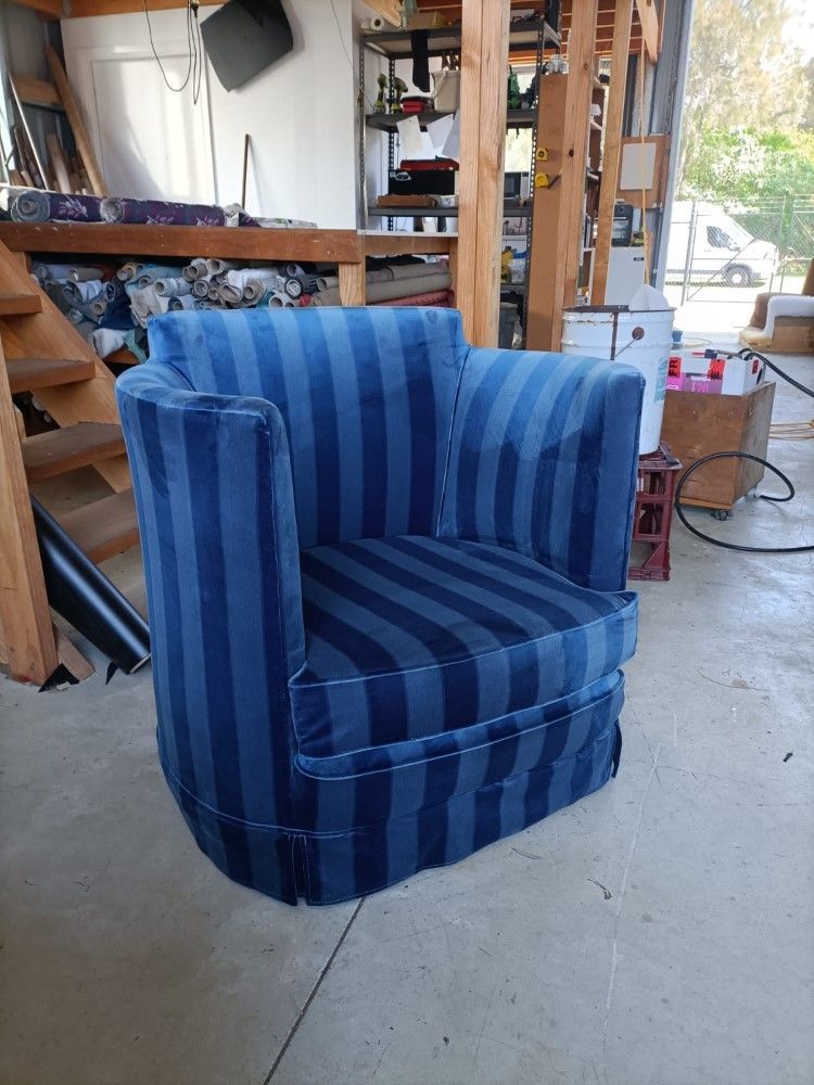 A Blue And White Striped Chair Is Sitting In A Room — Ocean Charm Upholstery In Southport, QLD