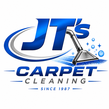 Logo for JT's Carpet Cleaning: blue house with yellow roof (phone #) and windows, white text