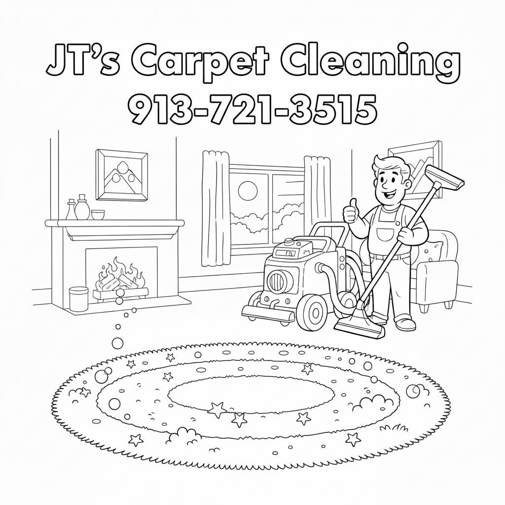 JT's Carpet Cleaning logo: person using cleaning machine on a rug, with a room setting and phone number.