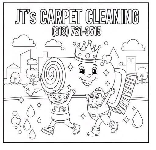 Cartoon of cleaning mascot, carpet, and workers with phone number.