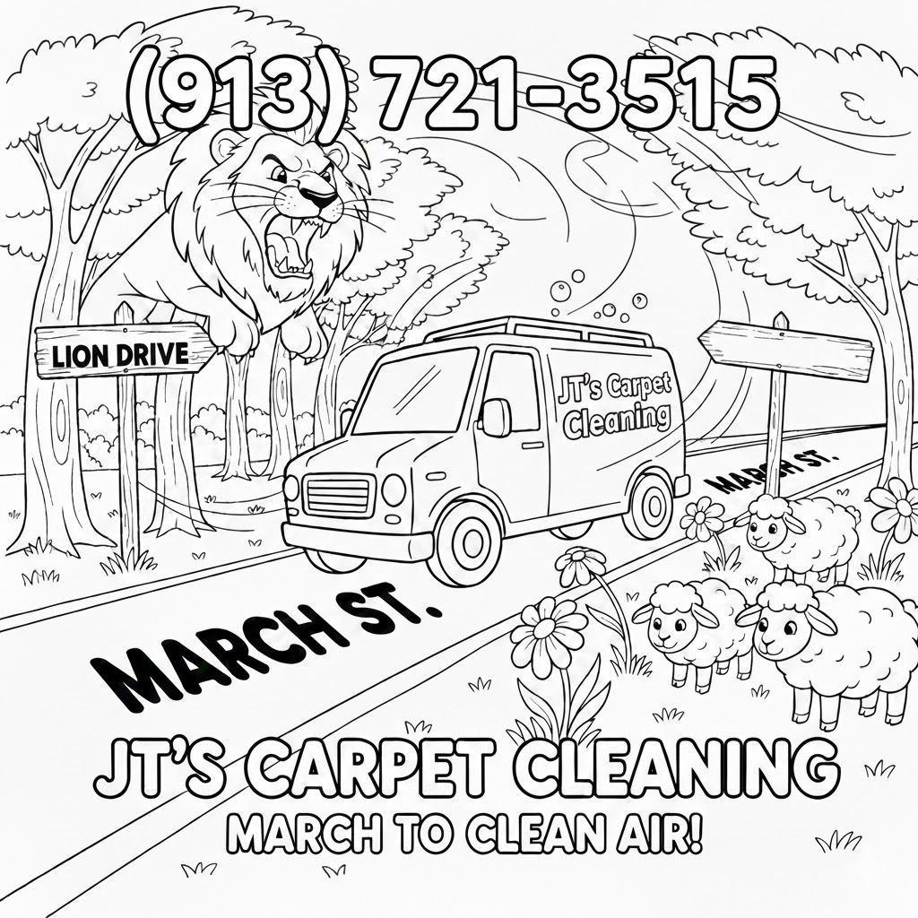 Cartoon of a carpet cleaning van on March St. A lion roars near Lion Drive sign. Phone number (913) 721-3515.