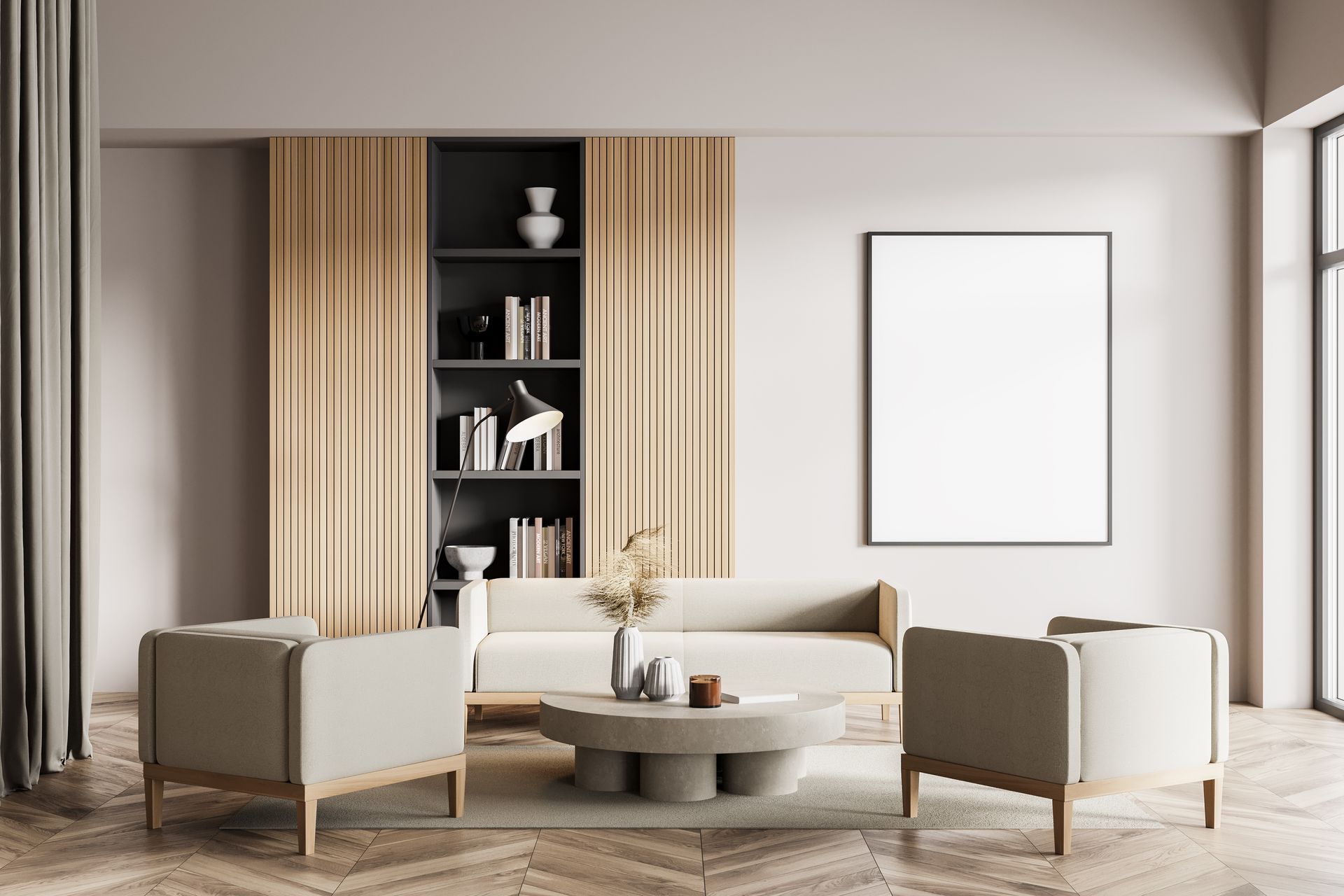 Un salon avec un canapé, des chaises, une table basse et un tableau sur le mur.