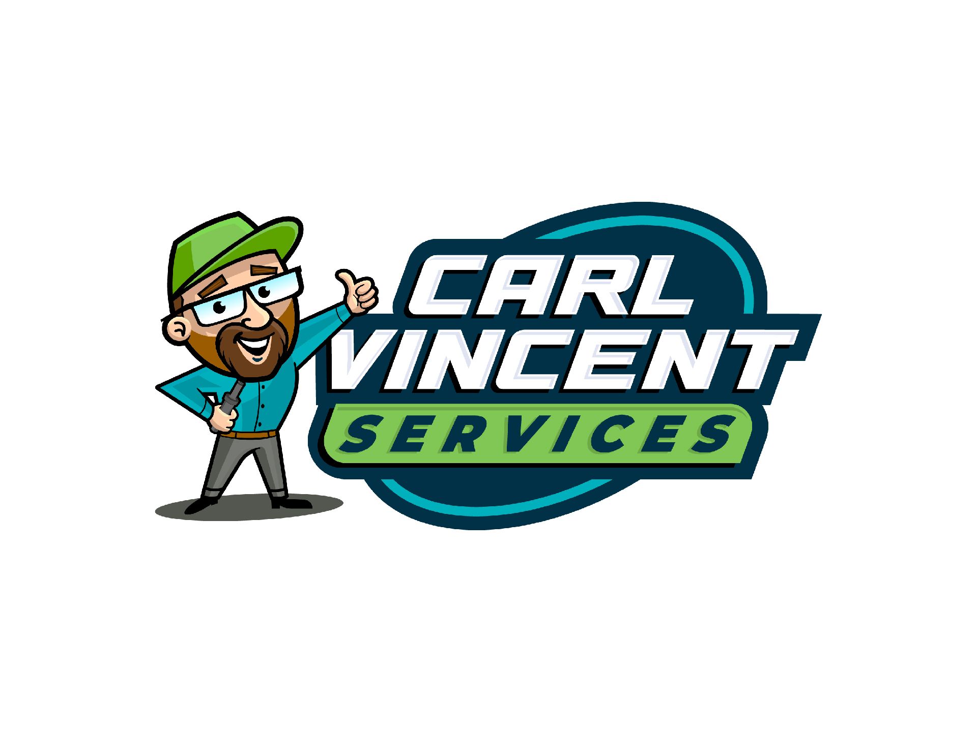 A logo for carl vincent services with a cartoon man in a green hat and glasses.
