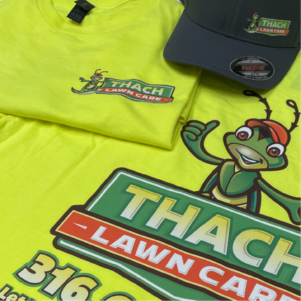 A t-shirt and a hat for thach lawn care