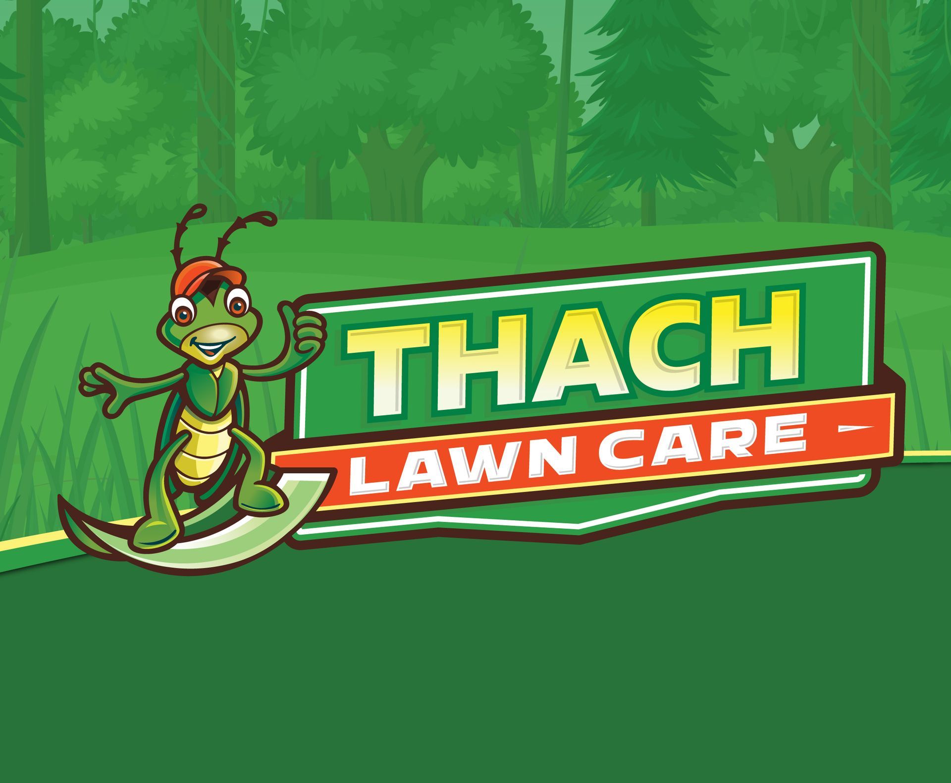 A logo for thach lawn care with a cartoon grasshopper on a leaf.