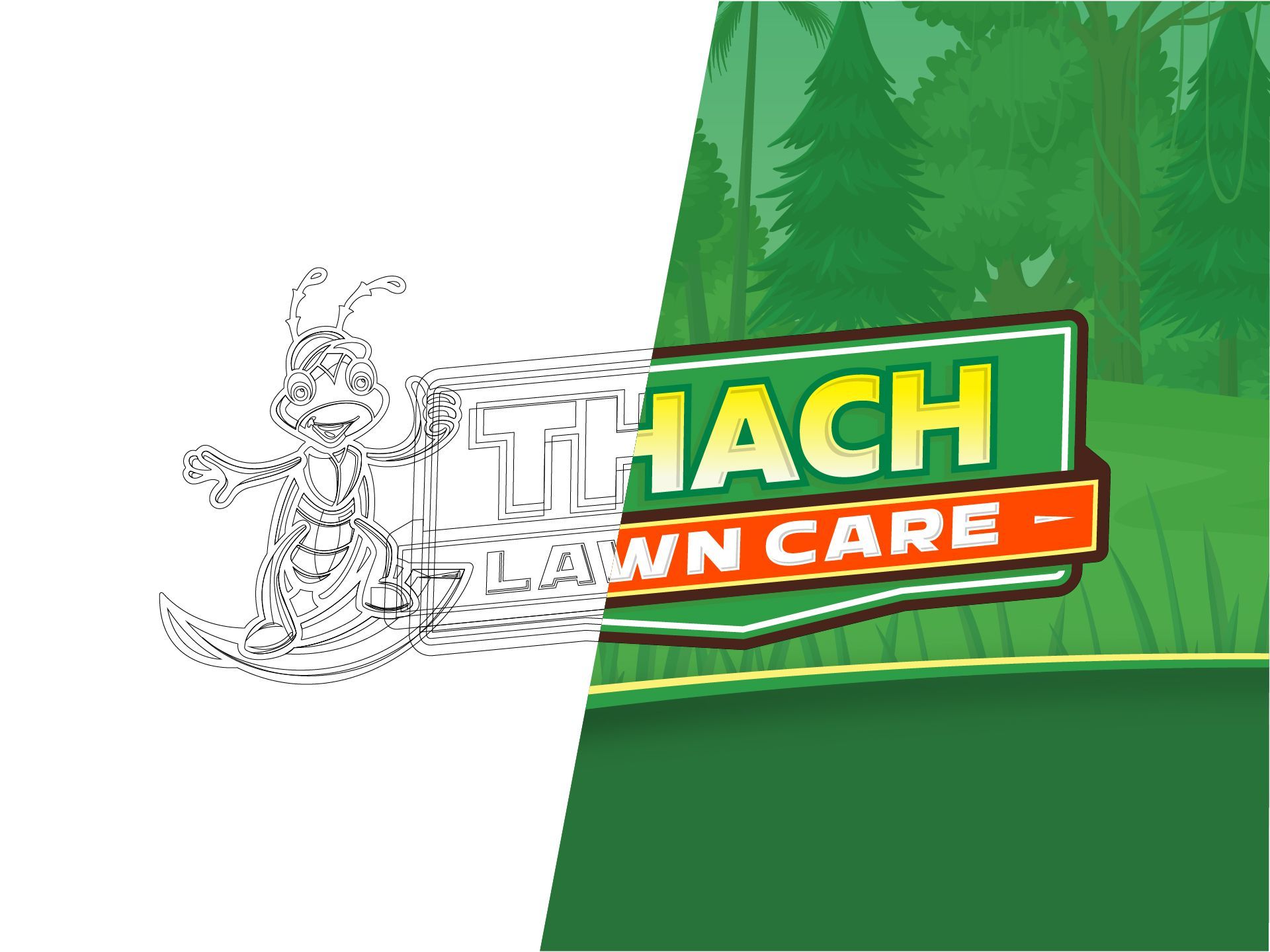 A drawing of an ant is next to a picture of a lawn care logo.