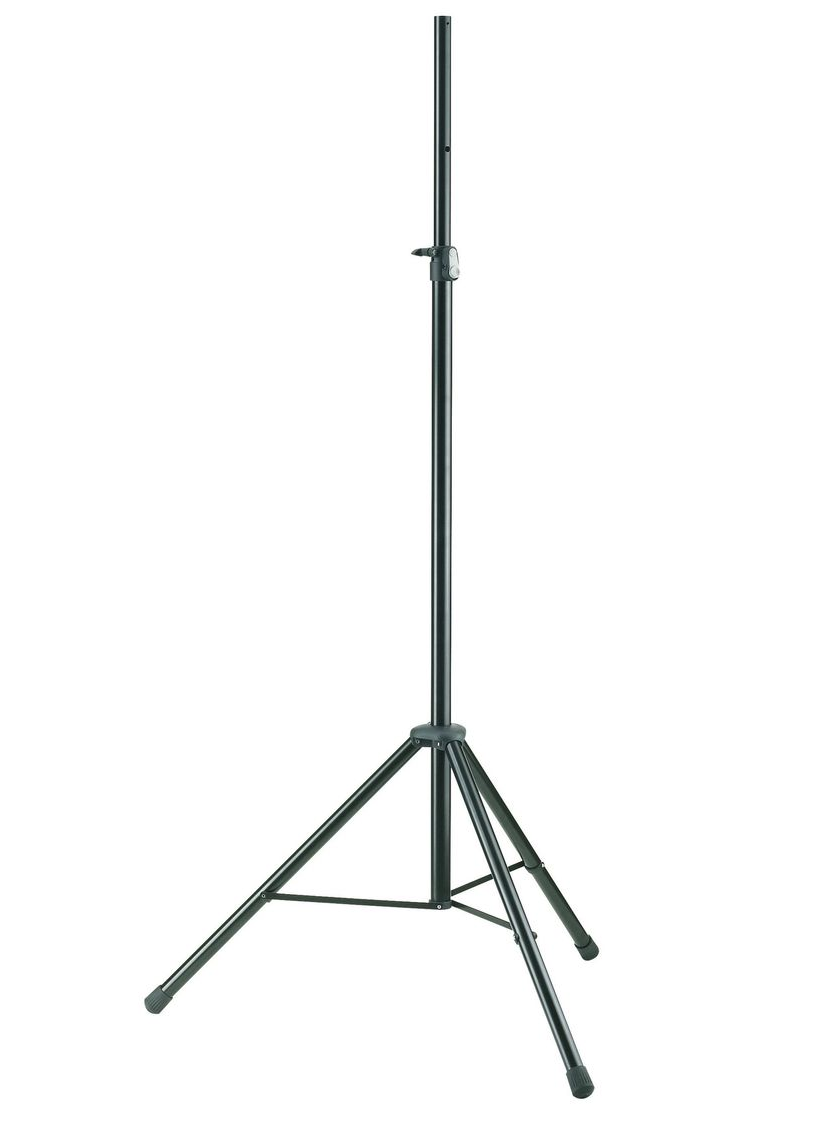 Black tripod speaker stand, extending upwards.