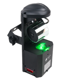 Black LED stage light emitting green light with a rotating mirror and mounting bracket.