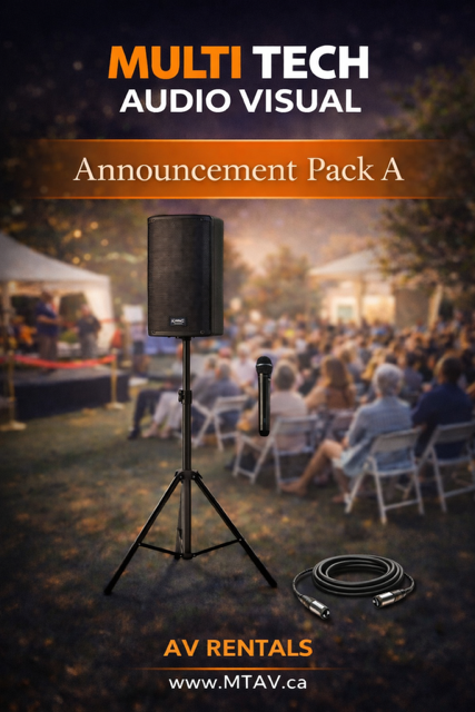 Announcement Pack A: Speaker, microphone, cable, and stand in outdoor setting with a crowd.