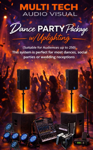 Dance party package advertisement with audio visual equipment and uplighting; suitable for audiences up to 250.