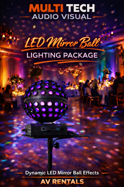 Advertisement for battery-powered uplighting package. Colorful lights illuminate a wedding reception. AV rentals in Barrie, ON.