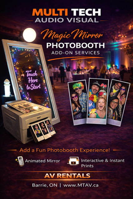 Advertisement for a magic mirror photo booth. Includes a photo booth, printed photos, and the text