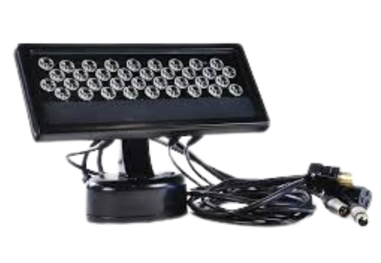 Black LED light panel with 32 lights, on a circular base with connecting wires.