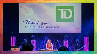 Stage with a screen thanking TD Bank as lead sponsor; a performer and band are on stage.