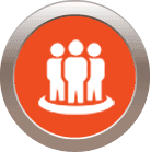 Three white figures inside orange circle, enclosed by silver ring.