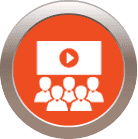 Orange circle with white icons: a screen with a play button above five people.