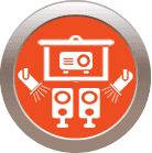 Orange circle: presentation equipment with projector, screen, speakers, and spotlights.