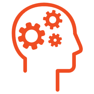 Orange outline of a head with gears inside, symbolizing thought or problem-solving.