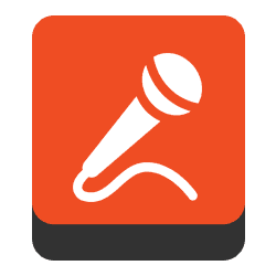 White microphone icon on orange square with gray shadow.